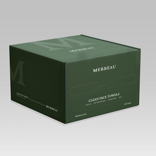 Towel design with the title 'Merbeau Clean Face Towel Packaging'