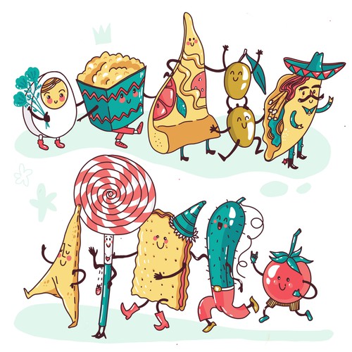 Party artwork with the title 'Dancing Food Characters for Party Organizers'