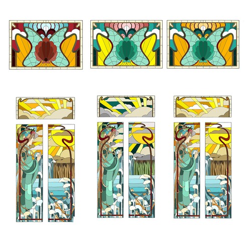 Digital illustration with the title 'A awater scene design in Jugendstil style for a stained glass door.'
