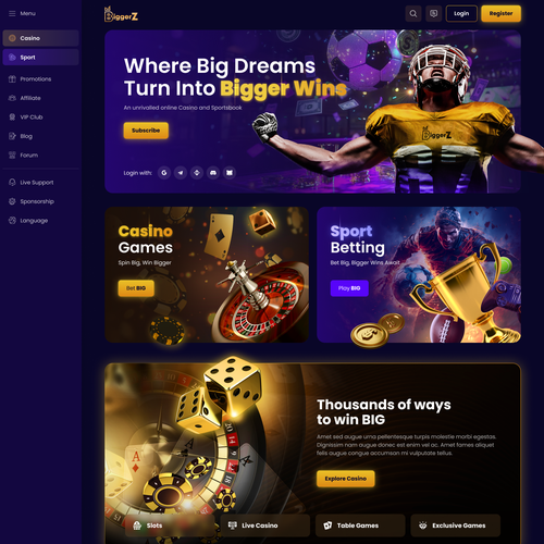 Game website with the title 'Powerful & Unique Homepage design for our ONLINE CASINO Website'