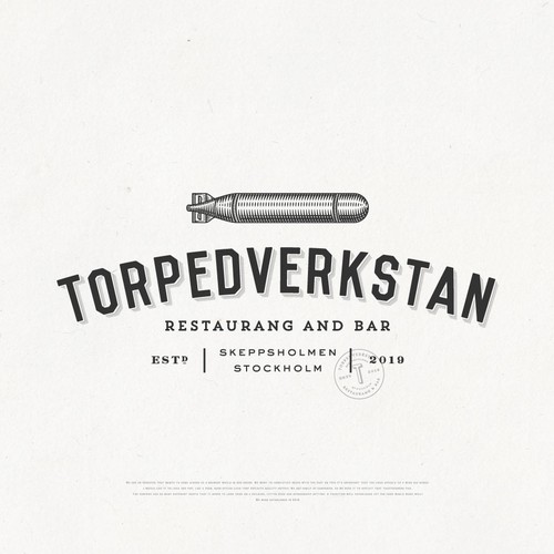 Modern vintage design with the title 'Torpedverkstan Restaurang & Bar'