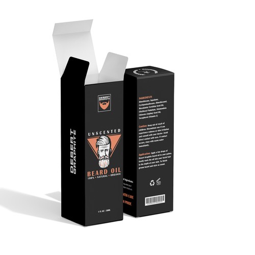 Orange packaging with the title 'Beard Oil'