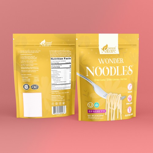 Noodles packaging with the title 'Stand up pouch label design'