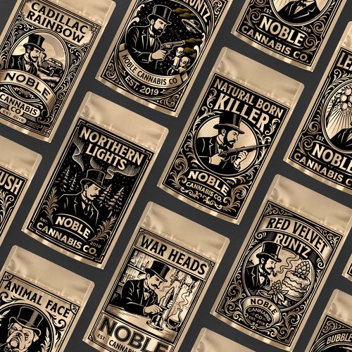 Classic label with the title 'Refined AI-Generated Artwork for Mylar Bag Labels for Noble Cannabis Co.'