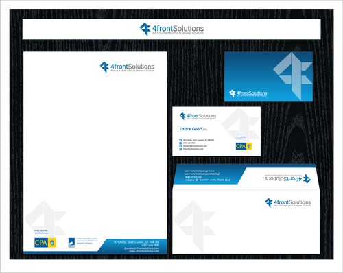 Four design with the title '4front Solutions needs a new logo and business card'