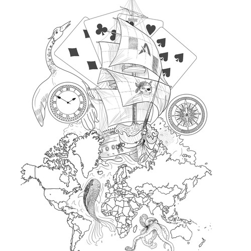 World map design with the title 'Design a full forearm tattoo (no color)!'