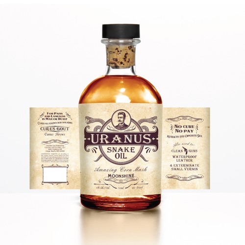 Whiskey packaging with the title 'Uranus Snake Oil'