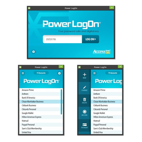 Theme design with the title 'Power LogOn App Design'