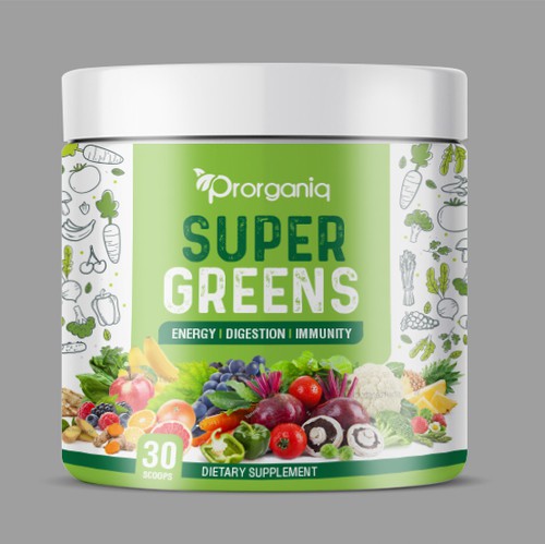 Food label with the title 'Super Greens Dietary Supplement'