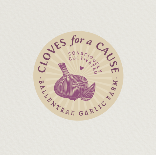 Black and purple logo with the title 'Create a vintage feel, yet elegant logo for a gourmet garlic growers charity program'