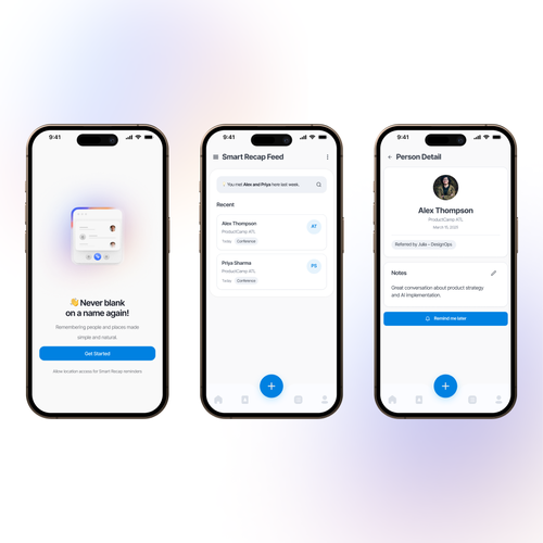 Contact design with the title 'Smart Recall App – Modern Contact Memory UI'