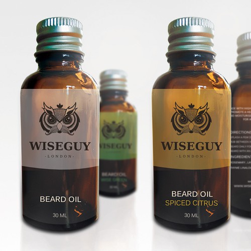 Oil label with the title 'Winner design for Wiseguy beard oil'