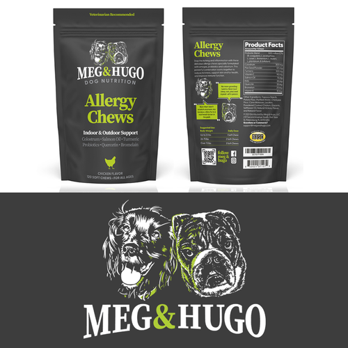 Graphic illustration artwork with the title 'Dog Illustration for Meg & Hugo Logo'
