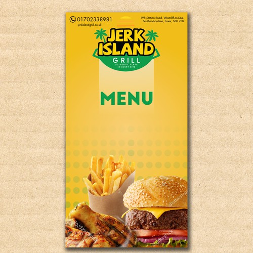 Jamaican design with the title 'Jerk Island Menu'
