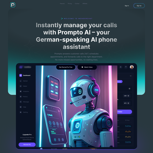 Futuristic website with the title 'Prompto AI – High-Tech AI Phone Assistant Landing Page'