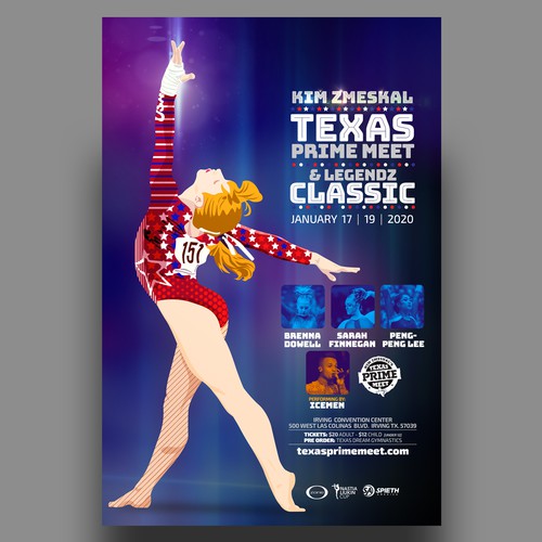 Gymnastics design with the title 'Texas Prime Meet'