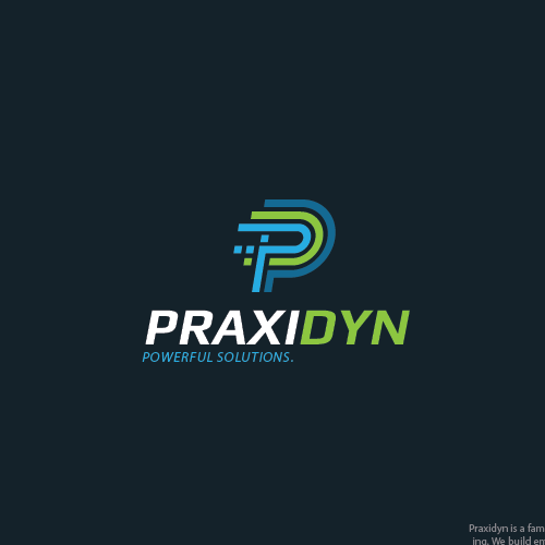 Initial design with the title 'New identity for: Praxidyn      Practical Ideas. Powerful Solutions.'