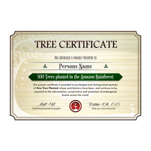 Certificate design with the title 'Certificate for One Tree Planted '