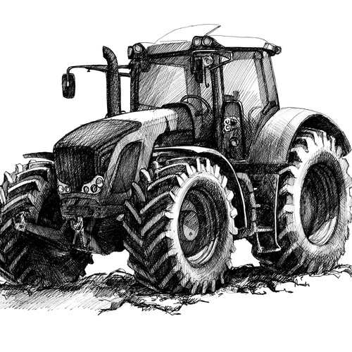 Ink artwork with the title 'Tractor. Hand drawn sketch'