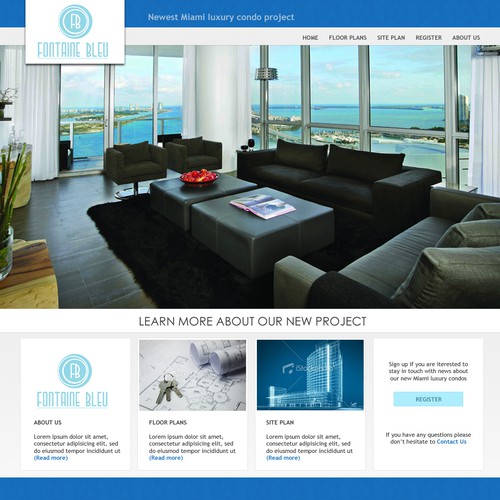 Interior design website with the title 'Help Fontaine blue condo project with a new website design'