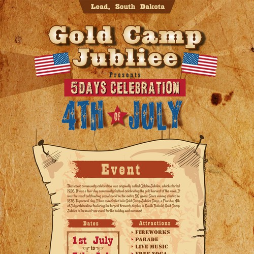 Celebration design with the title 'Gold Camp Jubilee 4th of July Festival'