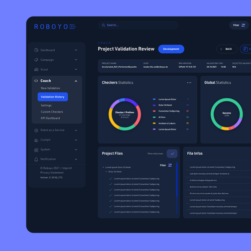 Dashboard website with the title 'ROBOYO Converge Web Platform Redesign - Dark Themed'