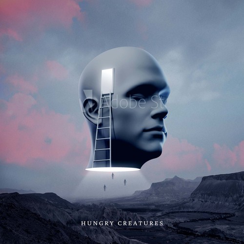 Synthwave design with the title 'Album cover for acoustic / electronic band - Hungry Creatures'