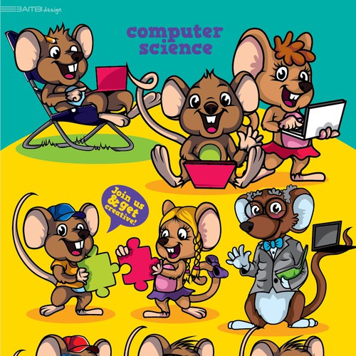 Cartoon design with the title 'characters for the kids computer school '