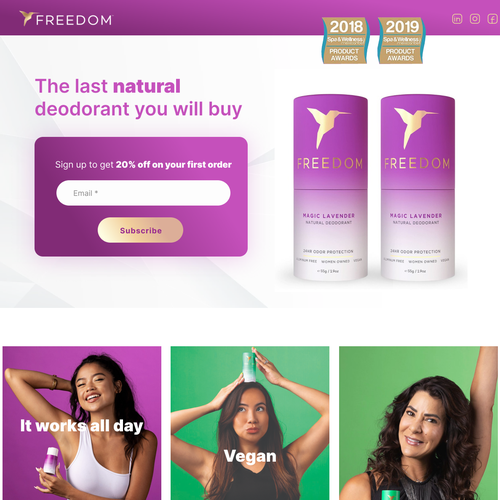 Deodorant design with the title 'Landing Page Design - Freedom Deodorant'