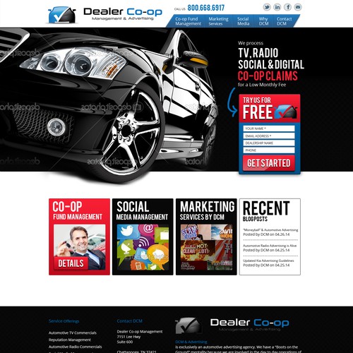 Car design with the title 'Landing Page For Dealer Co-op Management'