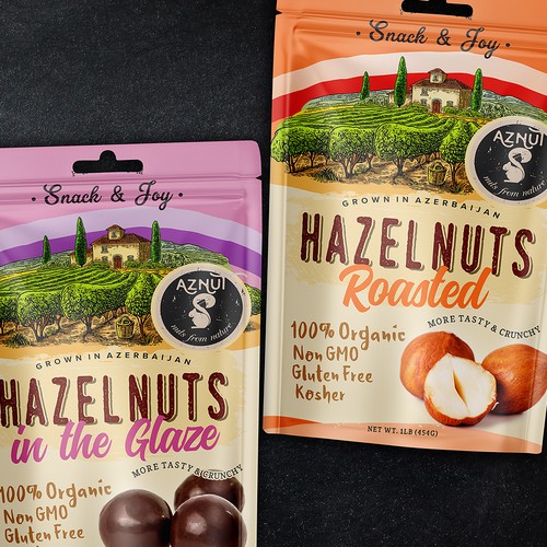 Artistic packaging with the title 'AZNUT Nuts raw natural hazelnuts and roasted hazelnuts'