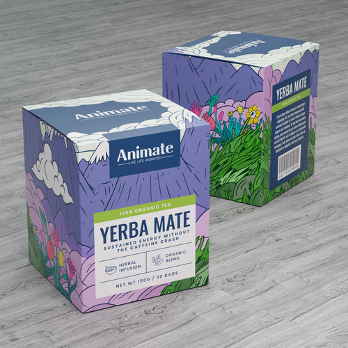 Aesthetic packaging with the title 'Animate - Yerba Mate Tea Box Packaging'