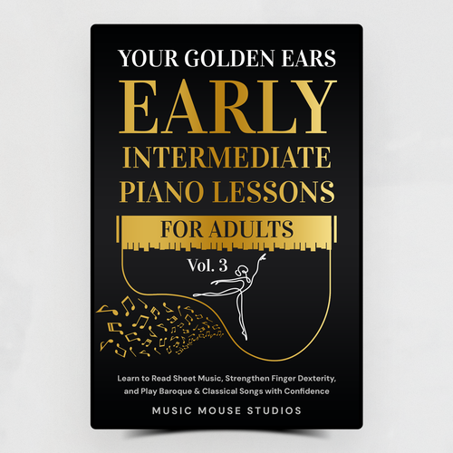 Luxury book cover with the title 'Elegant Piano-Themed Book Cover for Early Intermediate Lessons'