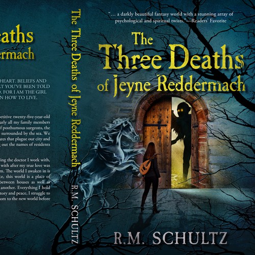 Fairy tale book cover with the title 'The Three Deaths of Jeyne Reddermach'