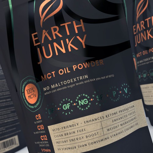 Black packaging with the title 'Splendid Black on Kraft Concept for MCT Oil Powder'