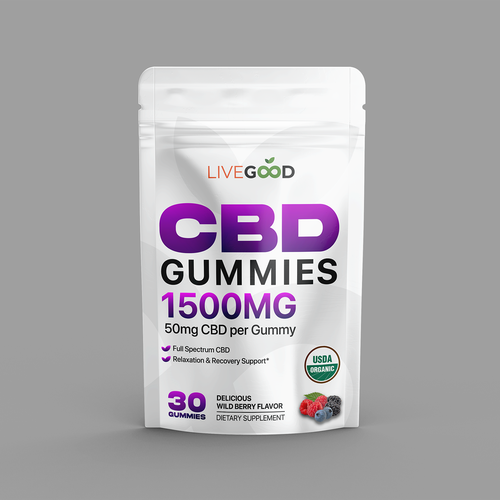 Gummy packaging with the title 'Packaging design for CBD Gummies - LiveGood Company'