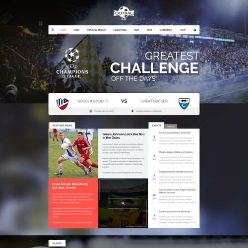 UI design with the title 'Superior Wordpress theme design for a sports/soccer club'