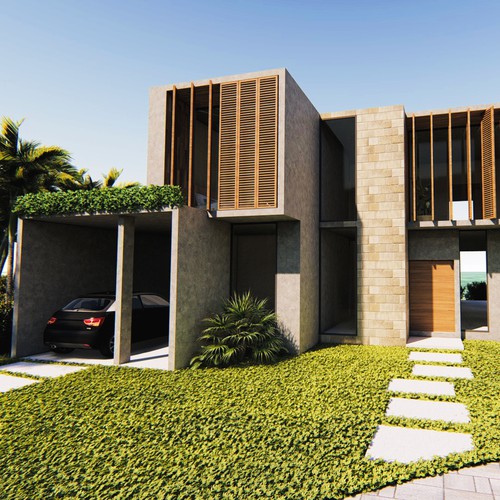 Elevation design with the title 'Contemporary and rustic facade for a beach house.'
