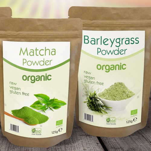 Vegan label with the title 'Clean and modern label for organic products: Macha, Barleygrass, Cranberry Powder'
