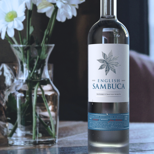 3D label with the title 'Design and 3D-visualization for Superbly Crafted Sambuca'