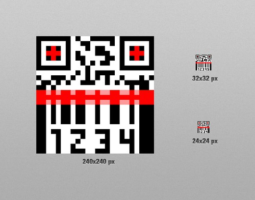 Pixel art design with the title 'QR Code & Barcode Scanner - Small 24x24 Icon Design for Vela'