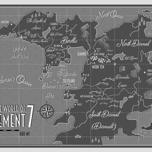 World map design with the title 'World Map illustration for a Whimsical Dieselpunk Fantasy Novel'