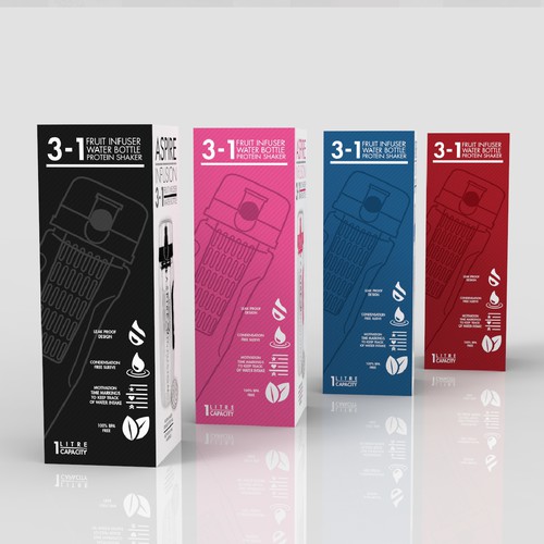 Line art packaging with the title '3-1 Fruit Infuser Bottle'