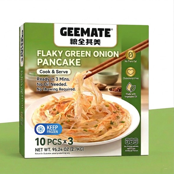 Packaging with the title 'Geemate Flaky Green Onion Pancake'
