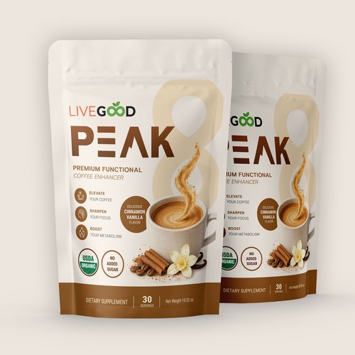 Pouch packaging with the title 'Modern Supplement Pouch & Label Design for LiveGood Peak'