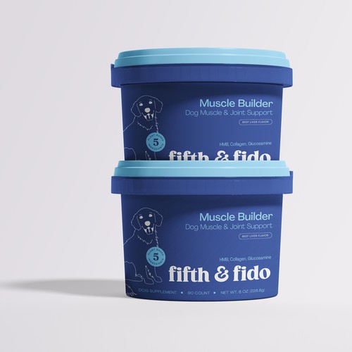 Dog packaging with the title 'Fifth&Fido Muscle Builder'