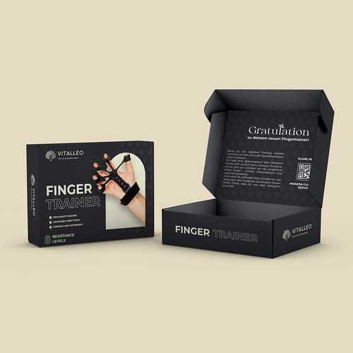 Dark packaging with the title 'Finger trainer packaging box Design'