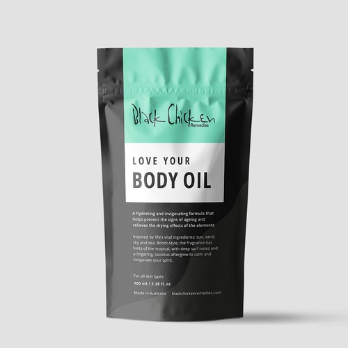 Body care packaging with the title 'Packaging Re-Design for Black Chicken Remedies'