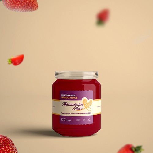 Strawberry label with the title 'Label Design for Marmaladen Hers'