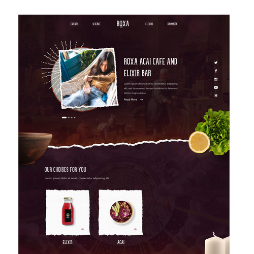Drink website with the title 'Roxa Acai and herbal elixir bar'